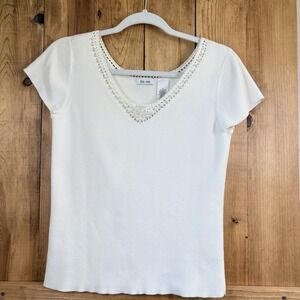 Liz & Co Women's White Ribbed Cotton Knit  Beaded V Neck s/medium